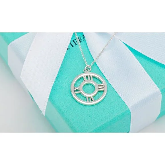 Tiffany & Co. Vintage Atlas Circle Pendant Roman Numerals Cutout Necklace Silver - Picture 4 of 8